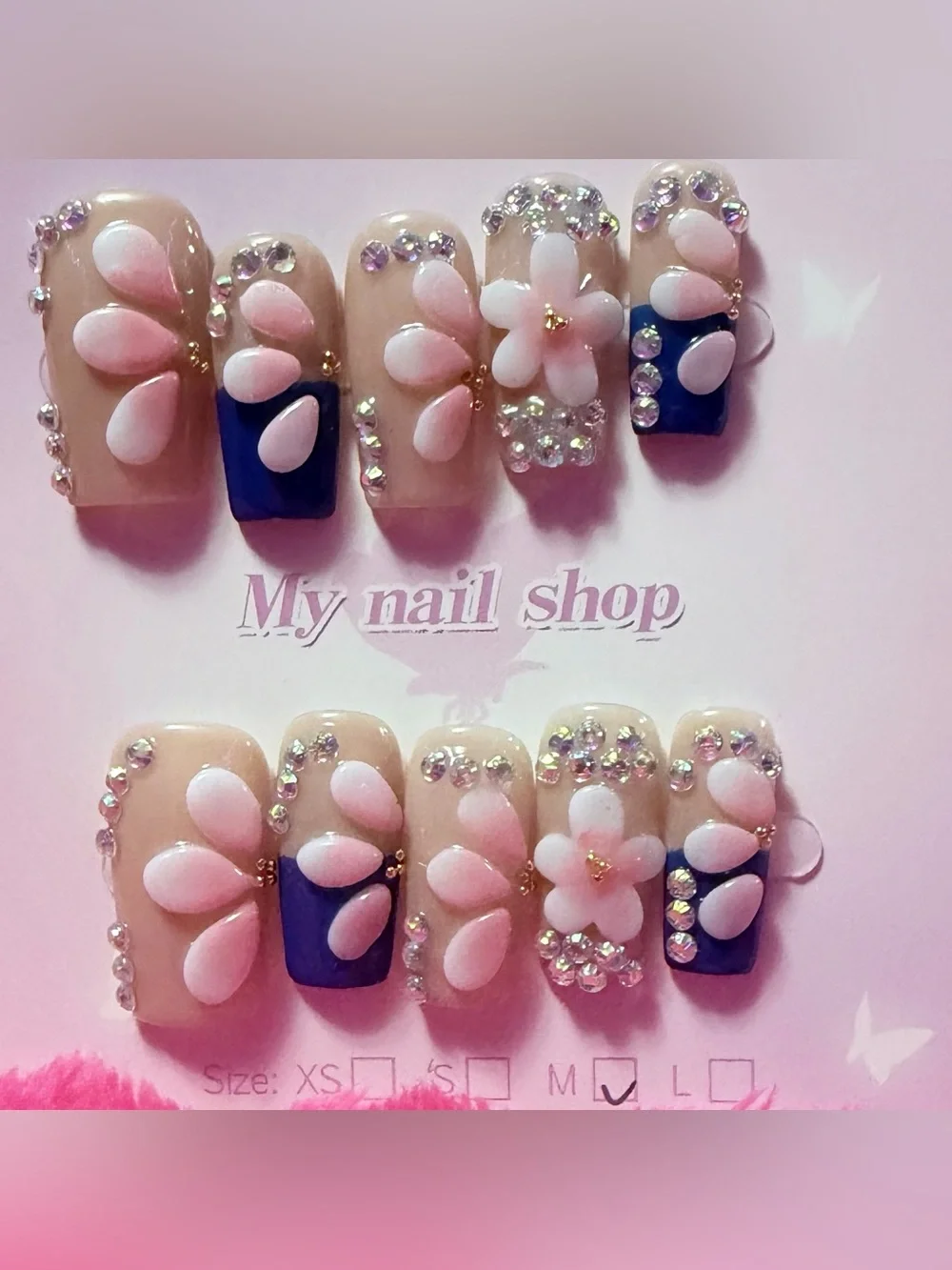 Pink & Navy Floral Press-On Nails